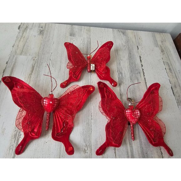 Katherine's collection gingham Valentines butterfly clip red glitter beaded chec - Picture 1 of 15